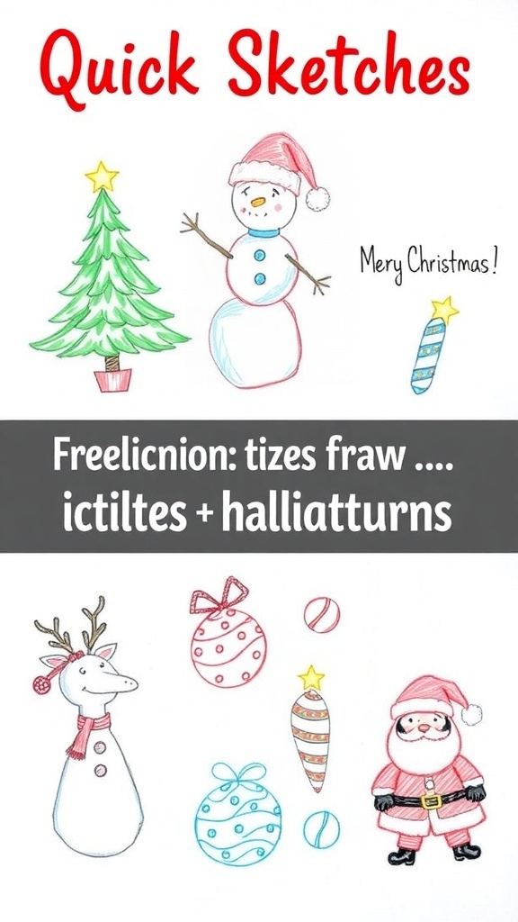 Quick sketches of Christmas drawings including a tree, snowman, and Santa.